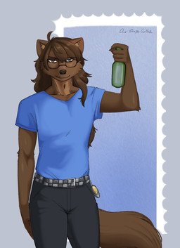 anthro belt black_bottomwear black_clothing black_jeans black_pants blue_clothing blue_shirt blue_t-shirt blue_topwear bottle bottomwear brown_body brown_fur checkered_belt cheek_tuft clothing container denim denim_bottomwear denim_clothing eyebrows eyewear facial_tuft fur glasses green_bottle green_eyes holding_bottle holding_container holding_object jeans looking_at_viewer male pants raised_arm shirt solo t-shirt tail text topwear tuft undercovernezha nezha_(undercovernezha) gulonine mammal marten mustelid musteline 2026 digital_drawing_(artwork) digital_media_(artwork) english_text hi_res shaded