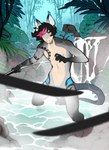 anthro arm_tattoo blush digital_media_(artwork) forest hair hi_res holding_object holding_weapon hybrid jungle katana looking_at_viewer male melee_weapon ni70 nipples nude plant shocked solo sword tail tattoo tree water waterfall weapon