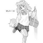 anthro bag biped black_nose blush bottomwear bow_(feature) bow_tie clothed clothing female footwear fur hair kemono legwear long_hair nails open_mouth pawpads school_uniform shirt shoes simple_background skirt socks solo sweater text topwear uniform white_background kikurage inukoro_(kikurage) koriyama_meiko canid canine canis domestic_dog mammal 1:1 character_name digital_media_(artwork) japanese_text monochrome translated