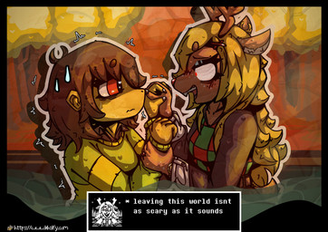 ambiguous_gender anthro antlers arm_grab blonde_hair blush bodily_fluids bottomwear breasts brown_body brown_fur clock clothed clothing detailed_background dialogue dialogue_box duo female female/ambiguous freckled_face freckles fur glistening glowing glowing_eyes hair horn imminent_death open_mouth outside scared shaking shirt smile snowgrave sweat sweater tail teeth text thorn_ring tongue topwear trembling watch water wrist_grab wristwatch khalfy_kun deltarune undertale_(series) kris_dreemurr noelle_holiday deer human mammal monster new_world_deer reindeer absurd_res digital_media_(artwork) english_text hi_res url