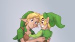 blonde_hair carrying_another clothing duo eye_contact hair humanoid_pointy_ears light_body light_skin looking_at_another male not_furry pointy_ears simple_background smile square_crossover yoshka nintendo ocarina_of_time the_legend_of_zelda wind_waker toon_link young_link elf humanoid hylian hi_res