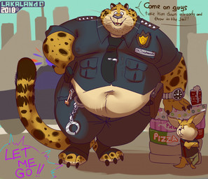 3_toes 4_fingers anthro badge belly beverage_can big_cheeks black_nose black_spots box chubby_cheeks claws clock clothing container countershading crossed_arms cuff_(restraint) dessert dialogue doughnut duo feet fingers food fur handcuffs key loitering looking_at_viewer male metal_cuffs moobs musclegut muscular nipple_outline obese obese_male offscreen_character overweight overweight_anthro overweight_male pastry pizza_box police police_officer police_uniform restraints shackles size_difference spots stubble talking_to_viewer text toes uniform watch whiskers wristwatch yellow_body yellow_fur lakalando disney zootopia benjamin_clawhauser finnick_(zootopia) canid canine cheetah felid feline fennec_fox fox mammal true_fox english_text