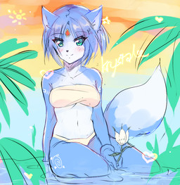 anthro blue_body blue_fur blue_hair blush breasts eyelashes female fingers flower fur gem grass hair head_tuft heart_symbol inner_ear_fluff jewelry markings navel plant short_hair sitting smile solo sunset tree tuft water white_body white_fur white_markings fruit6at nintendo star_fox krystal_(star_fox) canid canine fox mammal 2020