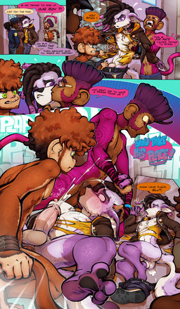 5_panel_comic abs anal anal_orgasm anal_penetration anthro anthro_on_anthro anthro_penetrated anthro_penetrating anthro_penetrating_anthro anus athletic athletic_anthro athletic_male balls beard black_hair black_pawpads bodily_fluids bottomless bottomless_anthro bottomless_male bottomwear brown_body brown_fur brown_hair brown_skin cheek_tuft choker clothed clothing cum cumshot curly_hair denim denim_bottomwear denim_clothing dialogue dreadlocks ejaculation erection eyebrow_piercing facial_hair facial_piercing facial_tuft femboy fur genital_fluids genitals group hair half-closed_eyes hands-free highlights_(coloring) humanoid_genitalia humanoid_penis jeans jewelry kissing_cheek looking_pleasured male male/male male_penetrated male_penetrating male_penetrating_male muscle_tone narrowed_eyes necklace orgasm pants pawpads paws pecs penetration penile penile_penetration penis penis_in_ass piercing police police_uniform prostate_orgasm pulling_hair purple_body purple_fur purple_highlights sex sideburns smile smirk smug smug_face smug_grin speech_bubble tan_body tan_skin text torn_clothing touching_hair tuft uniform white_body white_fur vonboche prance_(vonboche) canid canine fox haplorhine human mammal monkey primate absurd_res comic english_text hi_res