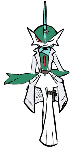 3_fingers anthro belt belt_pouch bite_mark blue_scarf bottomless bowing button_(fastener) chest_horn clothed clothing coat embarrassed eyebrows facial_scar fingers green_body hair hand_behind_back head_crest jacket jacket_only knight living_hair looking_at_viewer male medical no_teeth one_eye_closed one_glove open_mouth ponytail pseudo_hair red_eyes scar scarf simple_background smile snake_hair solo topwear topwear_only warrior white_body white_clothing white_coat white_topwear wink winking_at_viewer kuperseeper sketchygarden european_mythology greek_mythology mythology nintendo pokemon sir_gallade gallade generation_4_pokemon gorgon humanoid hybrid pokemon_(species) reptile scalie snake full-length_portrait portrait
