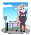 anthro bench big_breasts biped body_size_growth border bottomwear breast_expansion breasts bus_stop bus_stop_sign cleavage clothed clothing dipstick_tail expansion feet female footwear fur gloves_(marking) hair huge_breasts inner_ear_fluff long_hair macro markings motion_lines onomatopoeia outside pants question_mark shoes sidewalk sign size_transformation solo sound_effects speech_bubble standing tail tail_markings text thick_thighs topwear transformation tuft white_border yellow_eyes lunarspy loyse canid canine fennec_fox fox mammal true_fox 2023 absurd_res english_text hi_res