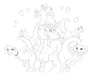 animal_genitalia animal_vulva anthro anus arched_back ball_tuft balls bat_ears bat_nose bent_over biped black_sclera bodily_fluids bottle bottomless bottomless_anthro bottomless_male butt choker clothed clothing container cup drinking_glass eyeshadow female female_anthro flat_chested genitals glass glass_container glass_cup group hand_on_butt hand_on_knee hand_on_leg hand_on_own_butt hand_on_own_knee hand_on_own_leg hat headgear headwear holding_bottle holding_container holding_cup holding_drinking_glass holding_object holding_wine_glass horn humanoid_genitalia humanoid_vulva jewelry leaf_nose makeup male male_anthro necklace party_hat penis penis_tip piercing presenting presenting_hindquarters red_eyes semi-anthro sheath sitting sweat text tongue tongue_out tongue_piercing tuft vulva wide_eyed wine_glass halbean aubrey_(halbean) geary hal_(halbean) ruby_(rubyotter) bat ghost_bat mammal megadermitid microbat mustelid otter wingless_bat 2025 6:5 absurd_res digital_media_(artwork) english_text hi_res