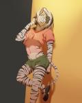 anthro biped bottomwear bulge clothed clothing femboy fishnet_clothing hooves leaning leaning_backward male midriff navel shorts solo standing stripes text translucent translucent_clothing yellow_eyes tatsumichi bada equid equine mammal zebra 2016 4:5