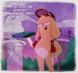 anthro cartoon_freckles clothing eyelashes female freckled_face freckles hands_on_hips hat headgear headwear long_eyelashes solo standing text topwear uniform vest drockdraw disney kiff_(series) terri_buns lagomorph leporid mammal rabbit 2026 english_text translated