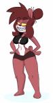 bottomwear clothing female hair hair_bun half-closed_eyes hoodie_vest narrowed_eyes sharp_teeth shorts solo spandex spandex_shorts teeth thick_thighs tight_bottomwear tight_clothing tight_shorts monamania carnivia_ribeye ailurid bear giant_panda mammal red_panda absurd_res hi_res