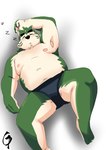 anthro armpit_hair belly big_belly black_nose body_hair clothing eyes_closed green_body kemono male moobs navel nipples overweight overweight_male solo underwear gonda_29 lifewonders live_a_hero mokdai canid canine canis domestic_dog mammal 2022 hi_res