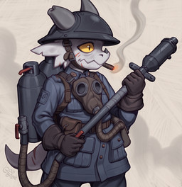 anthro armor belt broken_horn cigar clothed clothed_anthro clothing flamethrower fully_clothed fully_clothed_anthro gas_mask gloves grey_body handwear headgear helmet holding_object holding_weapon horn male mask military military_uniform pupils ranged_weapon scar slit_pupils smoking soldier solo thousand_yard_stare traumatized uniform warrior weapon yellow_sclera goobone kobold scalie 2026 hi_res