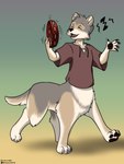 4_legs 4_toes 5_fingers 6_limbs black_nose black_pawpads bottomless bottomless_taur clothed clothed_taur clothing eyes_closed feet fingers fur gradient_background grey_body grey_fur motion_lines musical_instrument musical_note musical_symbol open_mouth open_smile pawpads paws percussion_instrument shadow shirt simple_background smile solo standing step_pose symbol tail tambourine tan_body tan_fur text three-quarter_view toes topwear tunic white_body white_fur halcy0n canid canid_taur canine canine_taur canis mammal mammal_taur taur wolf wolf_taur 2024 3:4 artist_name colored hi_res