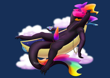 4_arms anthro black_body claws cloud cocktail_glass colored_fire colored_outline container cup drinking_glass fire flaming_head genitals glass glass_container glass_cup gold_(metal) gradient_penis halo hammock lying male multi_arm multi_limb on_back orange_penis penis purple_penis solo star tapering_penis derglatte mythology kaydelas dragon mythological_creature mythological_scalie scalie unknown_species absurd_res alpha_channel hi_res