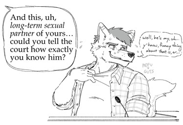 anthro bodily_fluids clothed clothing clothing_pull collared_shirt courtroom dialogue electronics eyebrows flannel flannel_shirt flying_sweatdrops fur hair humor looking_away male mature_anthro mature_male microphone narrowed_eyes nervous nervous_smile nervous_sweat offscreen_character shirt shirt_pull shirt_tug simple_background smile solo sweat sweatdrop text the_truth topwear topwear_pull trial tuft white_background mofu_guys james_(videah) canid canine canis mammal wolf 2026 black_and_white english_text monochrome reaction_image signature