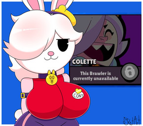 anthro big_breasts breasts female furry_ears happy pose rabbit_ears silly silly_face solo kiut_art brawl_stars supercell_(company) colette_(brawl_stars) lagomorph leporid mammal rabbit hi_res pinup