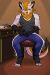 anthro clothed clothing front_view fur furniture gun hair hi_rez horn inside male male_anthro ranged_weapon red_eyes red_hair short_hair sitting solo table weapon white_body white_fur yellow_body yellow_fur bear213 mythology ryder_(bear213) dragon mythological_creature mythological_scalie scalie 2025 hi_res