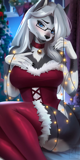 5_fingers anthro biped blue_eyes breasts christmas_clothing christmas_decorations christmas_lights christmas_ornament christmas_tree claws clothed clothed_anthro clothed_female clothing countershade_fur countershade_torso countershading eyewear female finger_claws fingers front_view fur glasses grey_body grey_fur grey_hair grey_tail hair holidays inside legwear ornament plant sitting smile solo tail teeth thigh_highs topwear tree art-abaddon christmas miliam_(genemon) canid canine canis mammal wolf 1:2 2026 digital_drawing_(artwork) digital_media_(artwork) hi_res