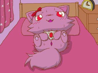 accessory anthro bow_(feature) bow_accessory bow_ribbon chibi female fluffy fluffy_tail fur genitals hair_accessory hair_bow hair_ribbon neck_tuft pink_body pink_fur ribbons tail tuft vulva jewelpet sanrio sega sega_fave garnet_(jewelpet) domestic_cat felid feline felis mammal persian_cat 4:3