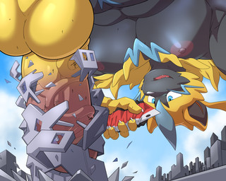 all_fours anthro balls barazoku big_penis blue_eyes building_penetrated building_sex city destruction erection fur genitals humanoid_genitalia humanoid_penis macro macro_anthro macro_male male muscular muscular_male penis ship solo vehicle watercraft yellow_body yellow_fur maldu nintendo pokemon felid generation_7_pokemon legendary_pokemon mammal pokemon_(species) zeraora 5:4 absurd_res hi_res