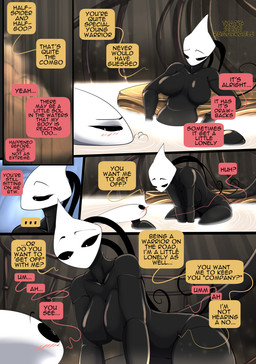 anthro biped black_body blush breasts dialogue duo featureless_breasts female monotone_body no_pupils nude speech_bubble text white_head vale-city hollow_knight_(franchise) team_cherry hornet_(hollow_knight) arthropod absurd_res comic hi_res