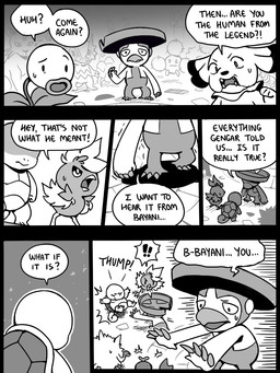 6_panel_comic ambiguous_gender beak biped black_eyes black_nose black_text bodily_fluids dialogue ellipsis exclamation_point eyebrows eyes_closed feet fur group looking_at_another motion_lines open_mouth paws pupils question_mark sharp_teeth shell sound_effects speech_bubble standing sweat sweatdrop talking_to_another talons teeth text toes tongue white_pupils white_sclera wings flavia-elric nintendo pokemon pokemon_mystery_dungeon spike_chunsoft bayani_(yapc) reina_(yapc) bellsprout caterpie corphish generation_1_pokemon generation_2_pokemon generation_3_pokemon jumpluff kecleon lombre mankey persian_(pokemon) pokemon_(species) snubbull squirtle torchic 2026 comic english_text monochrome female_(lore) male_(lore)