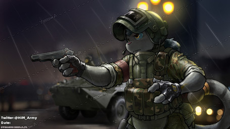 4_fingers accessory aiming_gun anthro armor armored_vehicle automatic_pistol blurred_background body_armor bulletproof_vest camo clothing driving duo electronics fingerless_gloves fingers furgonomics gloves grey_hair gun hair handgun handwear holding_gun holding_handgun holding_object holding_pistol holding_ranged_weapon holding_weapon jewelry kpvt_(machine_gun) long_hair machine_gun male male_anthro night outside pistol ranged_weapon ring russian russian_federation scout_car solo_focus special_forces standing stechkin_aps tail tail_accessory tail_jewelry tail_ring text training walkie-talkie weapon yellow_eyes yellowa brdm-2 spetsnaz mammal species_request unknown_species 16:9 2021 artist_name dated distracting_watermark half-length_portrait portrait url watermark widescreen