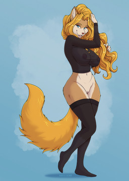 anthro big_breasts bottomless bottomless_anthro bottomless_female breasts brown_nose clothed clothing female fur genitals legwear navel nipples orange_body orange_fur smile solo standing stockings tail tan_body tan_fur translucent translucent_clothing vulva kaylii domestic_cat felid feline felis mammal hi_res