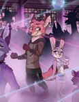 anthro barefoot cheek_tuft clothed clothing detailed_background disco_ball duo_focus ear_piercing facial_tuft feet female fully_clothed fur group inner_ear_fluff inside light male midriff orange_body orange_fur piercing silhouette smile standing text tuft aar0njay disney zootopia judy_hopps nick_wilde canid canine fox lagomorph leporid mammal rabbit red_fox true_fox 2023 artist_name digital_media_(artwork) hi_res lighting