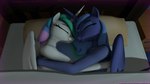 anthro anthrofied bed blue_body blue_hair cuddling duo eyes_closed female fur furniture hair horn multicolored_hair on_bed white_body white_fur wings shadowboltsfm friendship_is_magic hasbro my_little_pony mythology princess_celestia_(mlp) princess_luna_(mlp) s1_luna_(mlp) equid equine mammal mythological_creature mythological_equine winged_unicorn 16:9 3d_(artwork) digital_media_(artwork) hi_res widescreen sibling_(lore) sister_(lore) sisters_(lore)