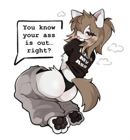 4_toes anthro barefoot black_clothing black_panties black_pawpads black_shirt black_topwear black_underwear blep blush blush_lines bottomwear bottomwear_down brown_hair brown_tail chest_tuft claws clothed clothing dialogue eyebrow_through_hair eyebrows eyelashes eyelashes_through_hair feet female female_anthro fur grey_bottomwear grey_clothing grey_pants hair high_ponytail inner_ear_fluff kneeling long_hair looking_at_viewer looking_back looking_back_at_viewer multicolored_hair offscreen_character oversized_bottomwear oversized_clothing oversized_pants panties pants pants_down pants_falling_down partially_clothed partially_clothed_anthro partially_clothed_female pawpads ponytail rear_view sagging_pants seductive shirt simple_background solo speech_bubble t-shirt tail text text_on_clothing text_on_shirt text_on_topwear toes tongue tongue_out topwear translucent translucent_hair tuft underwear undressing white_ears selcian_bun fry_(jayrnski) canid canine canis hybrid mammal wolfdog 2026 english_description english_text hi_res