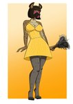 anthro brown_body brown_fur choker cleaning_tool clothing dress feather_duster female fur housewife jewelry legwear lipstick makeup necklace pantyhose pink_eyes polka_dots simple_background solo spiral_eyes stepfordization tiptoes faust1173 hyena mammal spotted_hyena hi_res