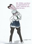 anthro big_breasts blush blush_lines bottomwear breasts clothing dipstick_ears ear_markings eyewear female fur glasses grey_body grey_fur legwear multicolored_body multicolored_ears multicolored_fur necktie purple_eyes scut_tail secretary shirt short_tail skirt solo stockings tail text thick_thighs thigh_gap thigh_highs topwear two_tone_body two_tone_fur white_body white_fur pace-maker disney zootopia judy_hopps lagomorph leporid mammal rabbit english_text hi_res