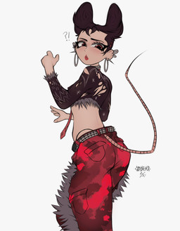 accessory belly_blush blush blush_lines body_blush bottomwear cargo_pants chain_jewelry choker clothing crop_top ear_piercing eyelashes eyeliner eyeshadow female g-string hair_accessory jewelry looking_at_viewer looking_back makeup midriff necklace necktie nipple_outline oversized_bottomwear oversized_clothing oversized_pants pants piercing raised_tail shirt simple_background solo tail topwear torn_clothing torn_shirt torn_topwear torso_shot underwear codenexusdrws epic_games fortnite camille_(fortnite) animal_humanoid humanoid mammal mammal_humanoid murid murid_humanoid murine murine_humanoid rat rat_humanoid rodent rodent_humanoid absurd_res hi_res portrait three-quarter_portrait