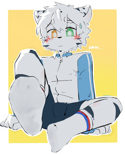 4_toes 5_fingers anthro bangs black_bottomwear black_clothing black_nose black_shorts black_stripes blue_sleeves blush blush_lines bodily_fluids border bottomwear bulge clothing embarrassed eyebrow_through_hair eyebrows feet fingers foot_fetish foot_focus footwear fur green_eyes hair heterochromia kemono legwear male raised_foot shorts shy simple_background sitting sitting_on_ground sock_fetish socks solo spread_legs spreading striped_body striped_ears striped_fur stripes sweat sweatdrop sweater text toes topwear translucent translucent_hair white_body white_border white_clothing white_eyebrows white_footwear white_fur white_hair white_legwear white_socks white_sweater white_topwear yellow_background yellow_eyes young young_anthro young_male zipper zipper_pull_tab chengxiansenowu felid feline felis mammal pantherine tiger english_text hi_res
