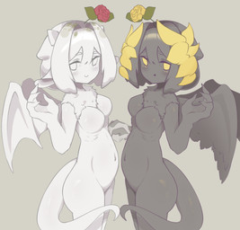 blush breasts duo feathered_wings feathers featureless_breasts featureless_crotch female flower_on_head hand_holding membrane_(anatomy) membranous_wings navel nude sculpture simple_background smile statue tail wings slacker_hakurei arknights hypergryph studio_montagne disappointed_statue_(arknights) questioning_statue_(arknights) animate_inanimate gargoyle living_statue 2026 hi_res