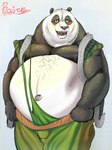 anthro belly big_belly blush bottomwear clothed clothing fangs fur looking_at_viewer male moobs navel nipples obese obese_anthro obese_male open_mouth overweight overweight_anthro overweight_male pants pants_grab pulling_up_pants smile smiling_at_viewer solo standing teeth raivenderouthelion dreamworks kung_fu_panda li_shan_(kung_fu_panda) bear giant_panda mammal 2015 hi_res signature