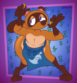 4_fingers anthro apron butt clothing coin currency_symbol digitigrade dollar_sign fingers male motion_lines pose purple_background shaking_butt simple_background solo standing star symbol gavanzude animal_crossing nintendo tom_nook_(animal_crossing) canid canine mammal raccoon_dog tanuki digital_drawing_(artwork) digital_media_(artwork) hi_res pinup