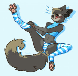 anthro blue_clothing blue_crop_top blue_shirt blue_topwear blush bodily_fluids bottomwear brown_eye bulge clothed clothing crop_top crossdressing detailed_bulge femboy fur grey_body grey_fur grey_markings legwear male markings navel one_leg_up panties pattern_bottomwear pattern_clothing pattern_legwear pattern_panties pattern_stockings pattern_underwear pawpads pink_pawpads raised_leg shirt sitting skinny_male solo spread_legs spreading stockings striped_bottomwear striped_clothing striped_legwear striped_panties striped_stockings striped_underwear stripes sweat tail tongue tongue_out topwear underwear konejo canid canine canis mammal wolf 2024 colored digital_drawing_(artwork) digital_media_(artwork) flat_colors hi_res