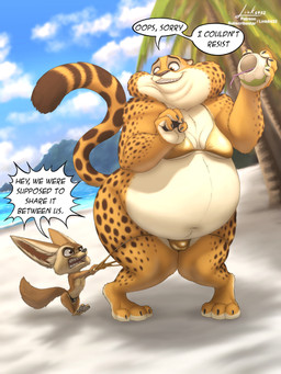 3_toes 4_fingers amber_eyes angry anthro beach belly beverage big_belly bikini bikini_thong biped brown_eyes bulge clothed clothing coconut coconut_drink countershade_belly countershading crossdressing crossdressing_male detailed_bulge drupe_(fruit) duo feet fingers food fruit fur gold_bikini handpads knock-kneed male male_anthro markings navel obese obese_anthro obese_male open_mouth overweight overweight_anthro overweight_male plant size_difference skimpy smile speedo spots spotted_body swimwear swimwear_only tail text thick_thighs toes two-piece_swimsuit white_sclera link6432 disney golden_week zootopia benjamin_clawhauser finnick_(zootopia) canid canine cheetah felid feline felis fennec_fox fox mammal pantherine true_fox 3:4 absurd_res digital_media_(artwork) english_text hi_res