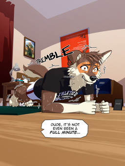 anthro bed bedroom bodily_fluids bottomwear clothing college dormitory exercise exercise_clothes exercise_clothing floor furniture inside lamp male motion_lines one_ear_up planking poster school shaking shirt solo speech_bubble struggling sweat text topwear wood wood_floor ariesartist west_side_story matthew_(ariesartist) border_collie canid canine canis collie domestic_dog herding_dog mammal pastoral_dog sheepdog 3d_(artwork) absurd_res blender_(artwork) digital_media_(artwork) english_description english_text hi_res meme