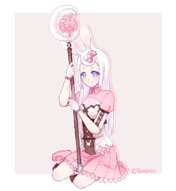 breasts cleavage clothed clothing dress female gloves hair handwear long_hair looking_at_viewer purple_eyes smile solo staff yumemin animal_humanoid humanoid lagomorph lagomorph_humanoid leporid_humanoid mammal mammal_humanoid rabbit_humanoid hi_res
