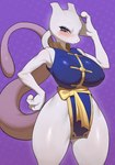 anthro big_breasts blush breasts clothed clothing curvy_figure female hand_on_hip holowear_(pokemon) huge_breasts nipple_outline pattern_background purple_background purple_eyes simple_background small_waist solo thick_thighs wide_hips yawar nintendo pokemon pokemon_unite martial_arts_style_mewtwo generation_1_pokemon legendary_pokemon mewtwo pokemon_(species) 2023 hi_res