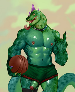 abs anthro areola athletic ball basketball_(ball) biceps biped bodily_fluids bottomwear clothing collar colored_nails crotch_lines dripping erection erection_under_clothing facial_piercing foreskin genital_fluids genitals gesture green_body green_scales hand_gesture holding_basketball holding_object lip_piercing lip_ring long_tongue looking_at_viewer male muscular muscular_anthro muscular_male nails neck_piercing nipple_piercing nipple_ring nipples nose_piercing nose_ring open_mouth partially_retracted_foreskin pecs penis penis_poking_out penis_through_leghole piercing pink_nipples pose precum precum_drip purple_spikes ring_piercing scales septum_piercing septum_ring sharp_teeth shorts simple_background smile solo standing stocky tail teeth toned_body tongue tongue_out trapezius vein veiny_penis wardrobe_malfunction kristakeshi goat_(movie) sony_corporation sony_pictures modo_olachenko komodo_dragon lizard monitor_lizard reptile scalie absurd_res hi_res