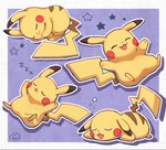 =w= ambiguous_gender anthro border cheek_spots daww dipstick_ears ear_markings eyes_closed fur grey_border multicolored_ears multiple_poses pose purple_background red_cheeks simple_background sleeping solo sound_effects star vowelless vowelless_sound_effect yellow_body yellow_fur zzz yawaoru nintendo pokemon generation_1_pokemon pikachu pokemon_(species) hi_res signature