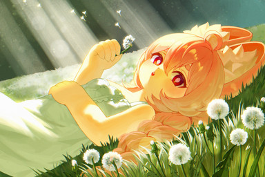 anthro braided_hair clothing dandelion dress female flower grass hair lying on_back open_mouth pink_body pink_hair plant red_eyes solo sundress yamacho mihoyo zenless_zone_zero zhao_(zenless_zone_zero) lagomorph leporid mammal rabbit absurd_res hi_res