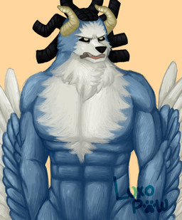 anthro dreadlocks horn male muscular pecs solo tobacco wings luxoh chojuro_kon canid canine canis chimera mammal wolf absurd_res hi_res
