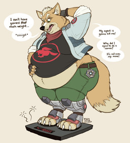 anthro ascot belly belt big_belly bottomwear claws clothed clothing dialogue error_message fangs fur hair hand_behind_head hand_on_belly inner_ear_fluff jacket male obese obese_anthro obese_male open_mouth overweight overweight_anthro overweight_male pants paws shirt solo speech_bubble standing standing_on_scale tail teeth text tongue topwear tuft weighing_scale dragontzin nintendo star_fox fox_mccloud canid canine fox mammal 2026 english_text hi_res signature
