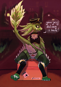 animal_genitalia anthro black_eyes bodily_fluids butt claws cloaca clothing crotch_tuft delivery_(commerce) dripping exhibitionism feathers female genital_fluids genitals green_body headgear headwear legwear multi_ear neck_tuft package pawpads paws postal_delivery presenting presenting_hindquarters public public_exposure simple_background sitting sitting_on_object solo text topwear tuft underfluffies uniform white_body arcticos avali absurd_res hi_res