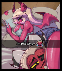 2_horns bed bedding big_breasts black_border border bottomwear breasts cellphone clothing duo electronics eyebrow_through_hair eyebrows eyelashes eyeshadow female furniture hair half-closed_eyes head_between_thighs holding_cellphone holding_object holding_phone horn huge_breasts long_hair looking_at_object looking_at_phone looking_at_viewer lying makeup male male/female narrowed_eyes not_furry on_side one_eye_closed phone pillow pink_body pink_eyes pink_skin purple_eyeshadow red_body red_skin shirt shorts smartphone smile tank_top text topwear translucent translucent_hair white_hair yellow_sclera stormrayneart hellaverse helluva_boss i'm_this_clingy snapchat fan_character verosika_mayday demon humanoid imp succubus 2026 english_text hi_res meme